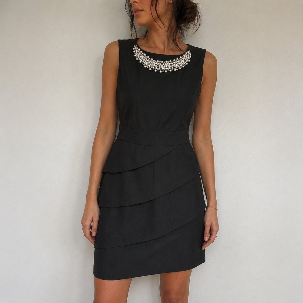 Connected‎ Apparel Black Cocktail Dress Pearl Beaded Tiered Sheath 10P Glam